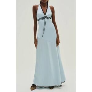 FOR LOVE & LEMONS Mariella Lace Trim Satin Maxi Dress in Blue Size XL